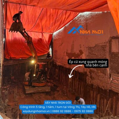 Ép cừ thi công móng tại Công trình 5 tầng, 1 hầm, 1 tum Võng Thị, Tây Hồ, HN
