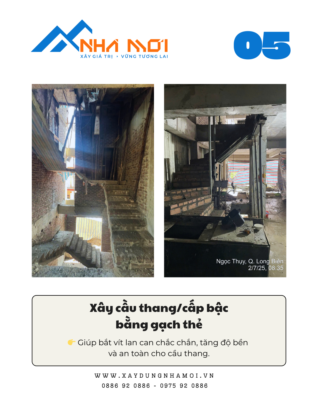 Xây cầu thang bằng gạch thẻ để bắt vít lan can chắc chắn Xây cầu thang bằng gạch thẻ để bắt vít lan can chắc chắn