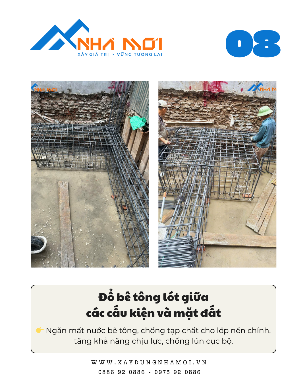 Đổ 1 lớp bê tông lót trước khi đặt thép móng Đổ 1 lớp bê tông lót trước khi đặt thép móng